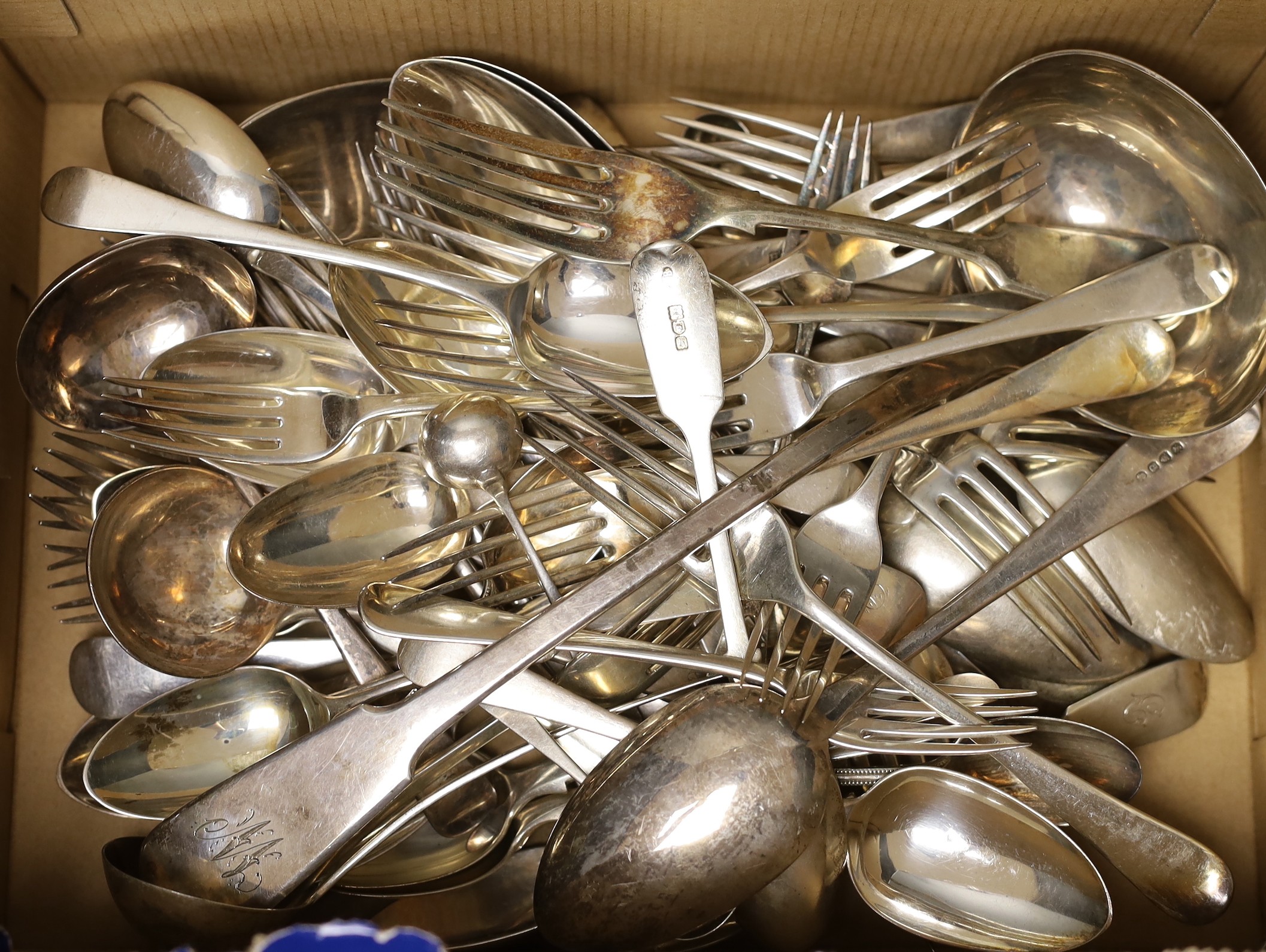 A mixed quantity of assorted 19th century and later silver flatware, various dates and makers, including a set of six Old English pattern tablespoons, William Johnson, London, 1823, a set of six table forks, London, 1900